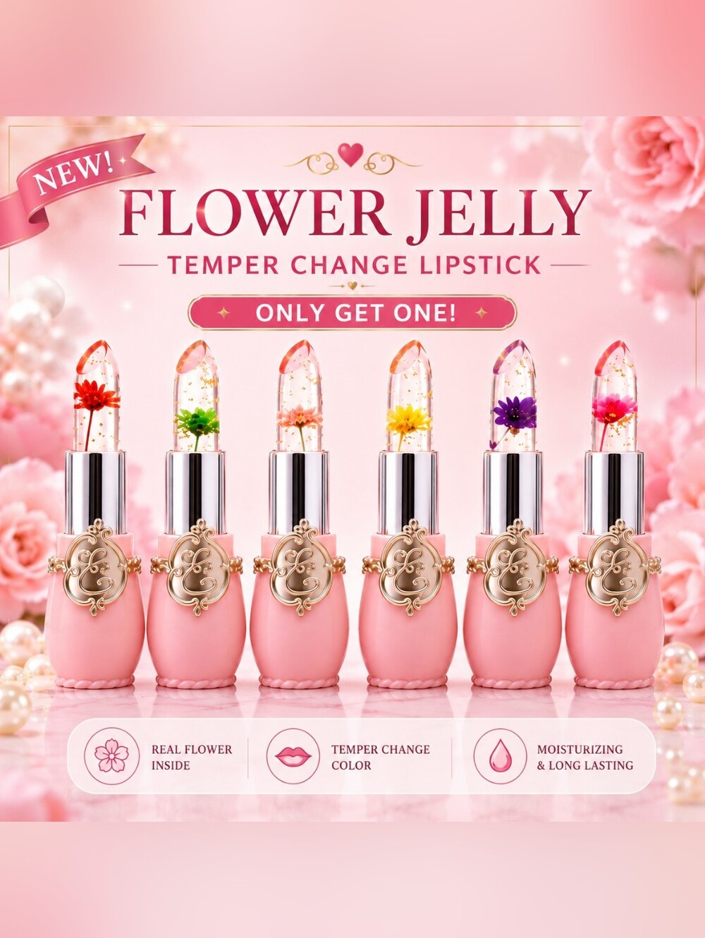 1 Flower Jelly Temperature Color Changing Lipstick Real Flower New
